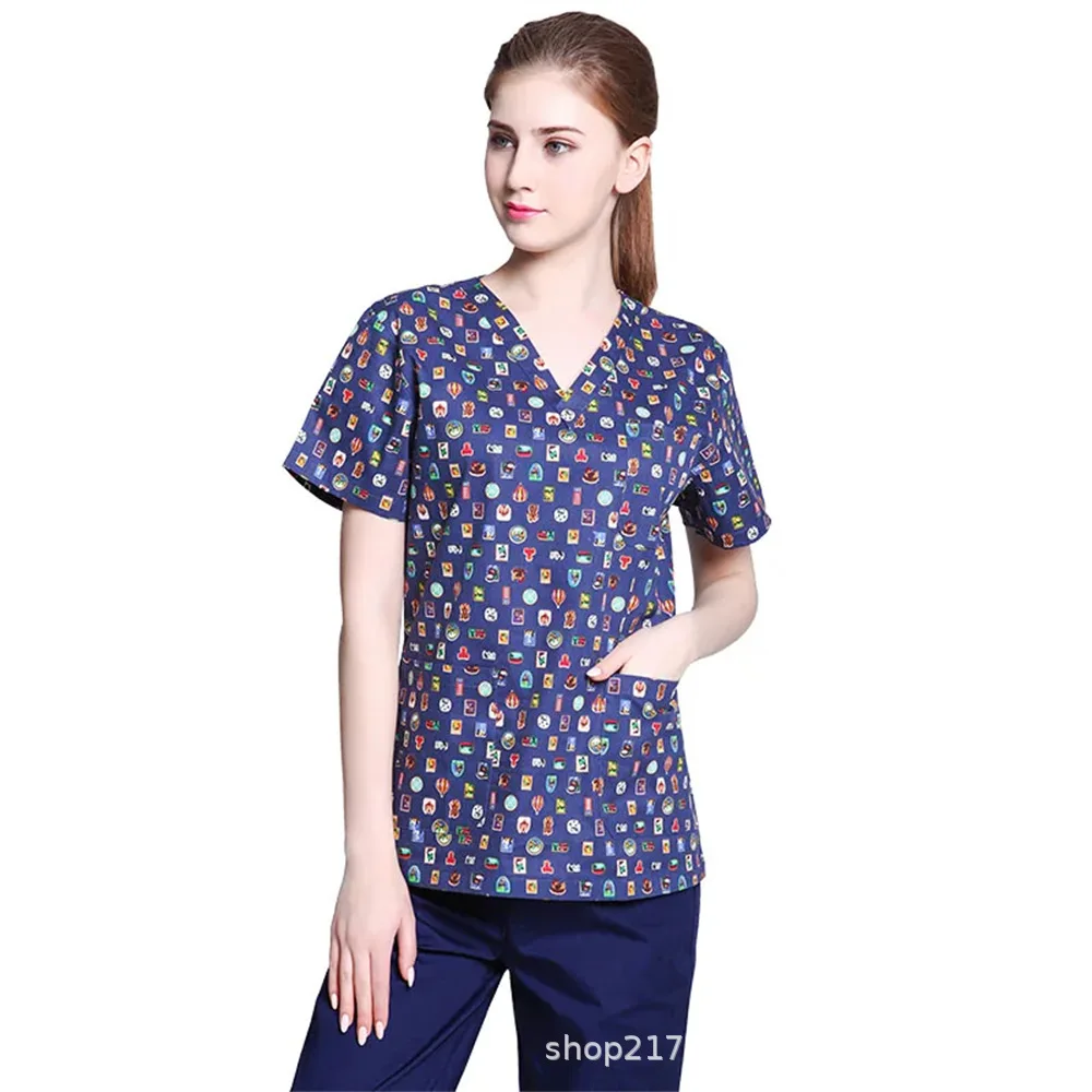 2025 новая европейская и американская женская защитная рабочая одежда с v-образным вырезом и короткими рукавами, рабочая одежда для медсестры с 3D принтом мультфильмов и цветочным принтом