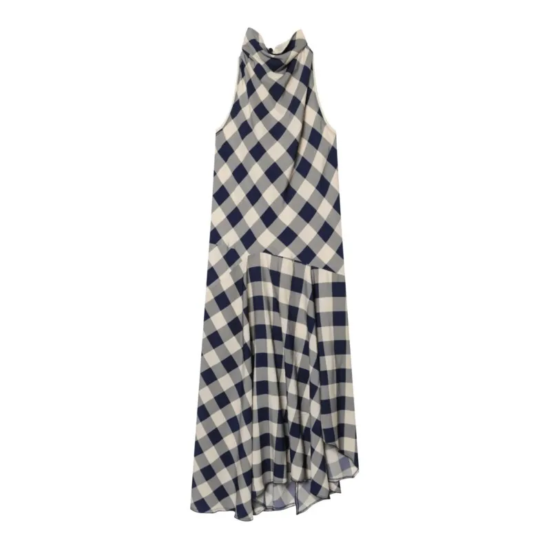 

Women's Plaid Dress 2026 Summer High Neck Sleeveless Asymmetric Hem Casual Print Dress Fashion Female Vintage A-line Dresses