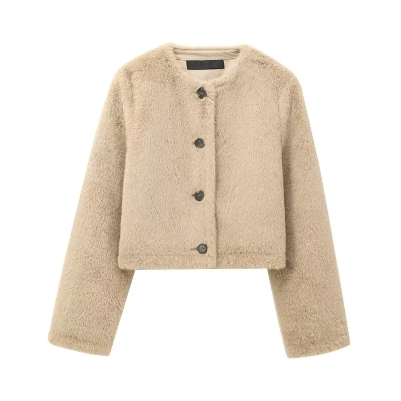 

Artificial Fur Warm Jacket Women Winter Single-Breasted Short Coat Fashion Solid Color Fit Tops Streetwear Outerwear