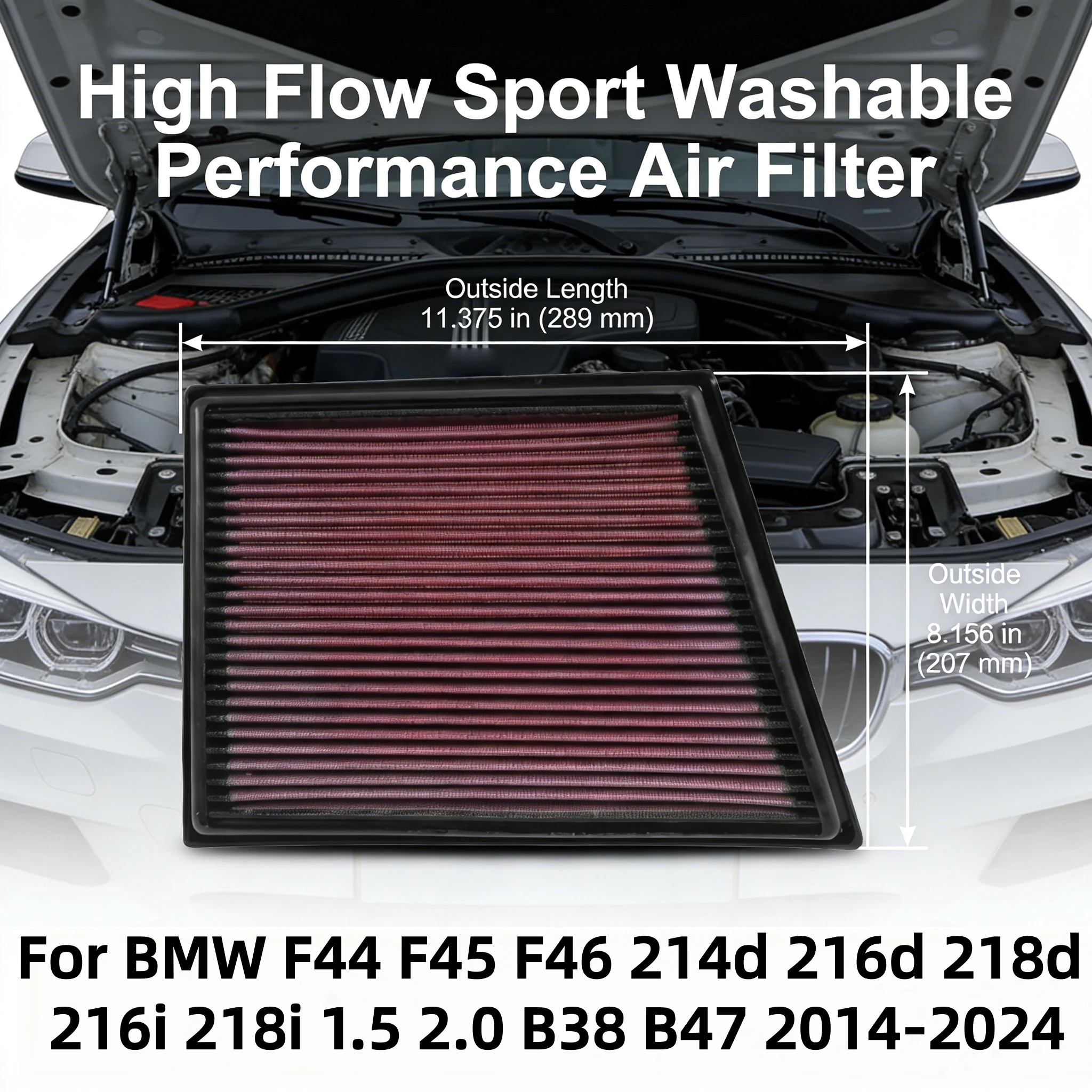 

For BMW F44 F45 F46 214d 216d 218d 216i 218i 1.5 2.0 B38 B47 2014-2024 High Flow Sport Washable Performance Air Filter 33-3025