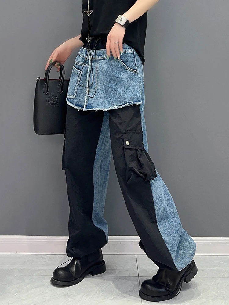 SHENGPALAE Fashion Women Denim Spliced Culottes Niche Design Elastic Waist Contrast Color Straight Jeans Autumn 2024 New 5R7922