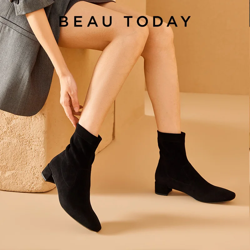 BEAUTODAY Stretch Boots Women Solid Color Square Toe Slip-On Fashion Soft Mature Style Autumn Ladies Shoes Handmade 03720