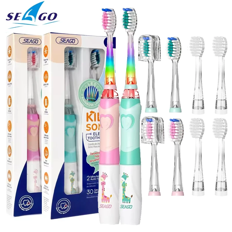 SEAGO SG-977 Kids Toothbrush Battery Powered EK6 Sonic Electric Toothbrush Soft Bristle 2 Min Timer LED Light For 4-12 Years Old