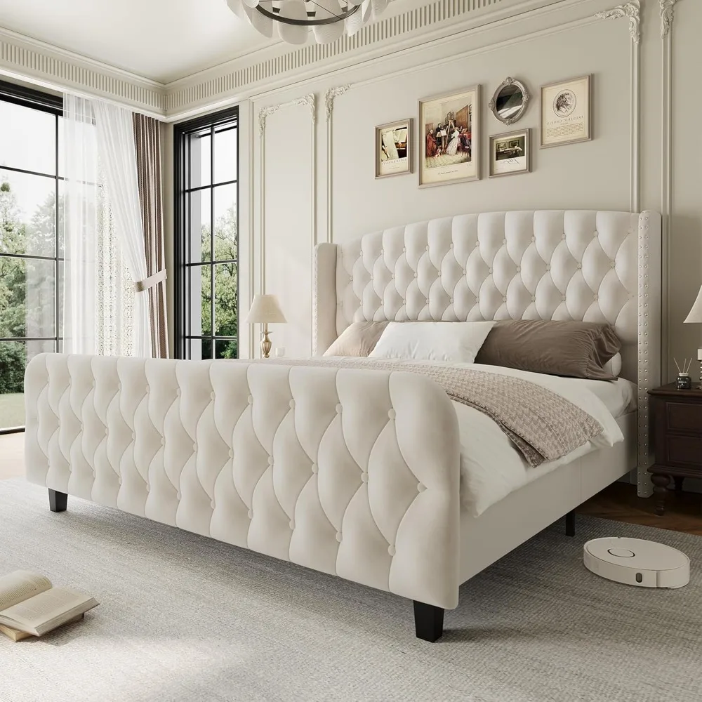 

51" Tall King Size Bed Frame with Deep Button Tufted Wingback Headboard and Footboard, Velvet Upholstered Platform Bed Frame