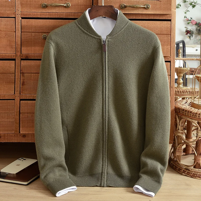 Winter Pure Cashmere Cardigan Men's Thickened Cashmere Loose Half High Neck Zipper Middle Age Solid Color Warm Large Coat Knit