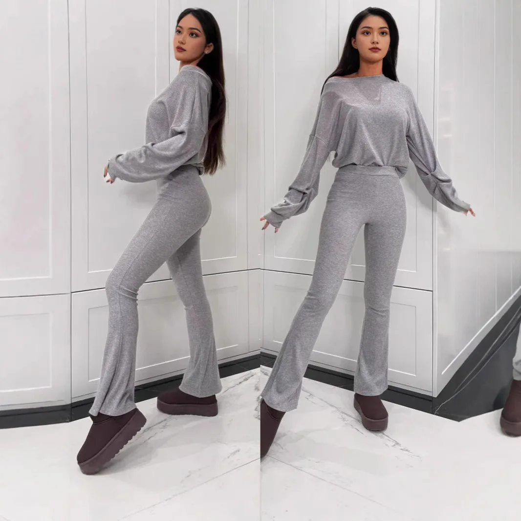 

Women Autumn Winter Trouser Set Pants Set Solid Color High Waist Pencil Pants O Neck Casual Fashion Comfortable Regular Standard