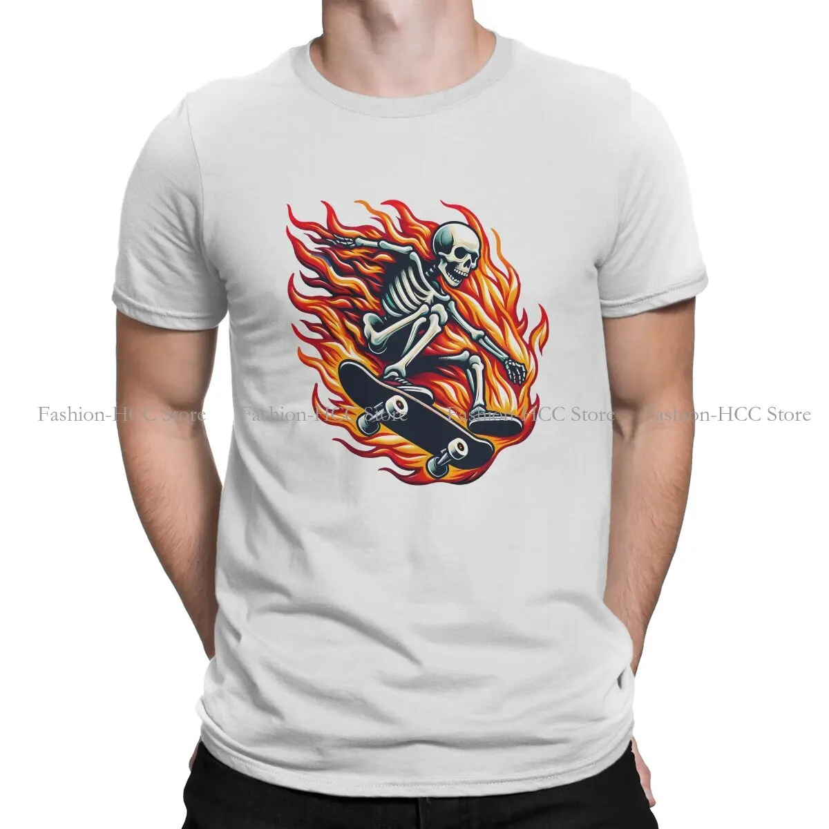 Blazing Skeleton Skateboarder Hip Hop Polyester TShirt Skateboard Creative Streetwear Casual T Shirt Men Tee