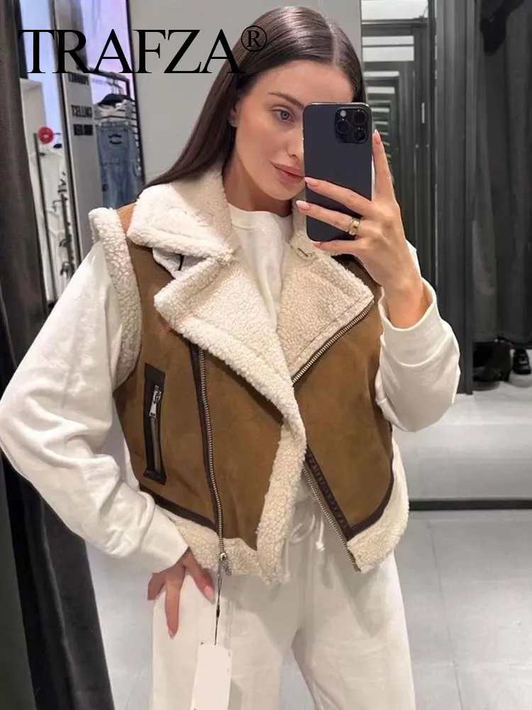 TRAFZA Winter Women Fashion Plus Velvet Vest Khaki Lapel Zipper Fly Cardigan Coat Female Pockets Wild Basic Woman Waistcoat Top