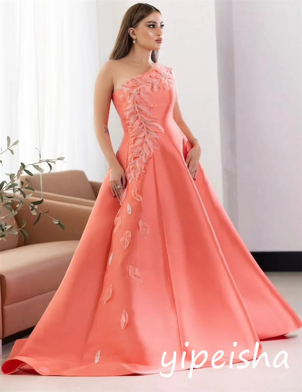 ที่กําหนดเองสไตล์โมเดิร์น Charmeuse ประดับด้วยเลื่อมจีบ A-Line หนึ่งไหล่ชุดยาว Bespoke โอกาสเซ็กซี่