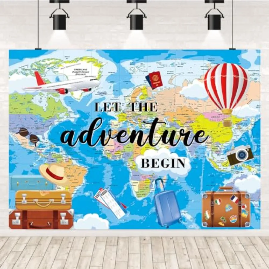

Фон для фотосъемки на тему путешествий "Приключения ждут", баннер "Пусть начинаются приключения", карта мира, для выпускного, путешествий, дня рождения