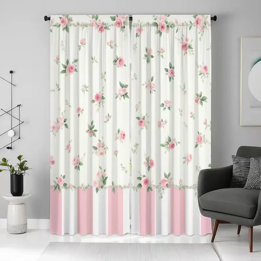 2 PCS Pink Striped Rose Curtains, Fresh Sweet Style Window Drapes for Living Room Bedroom Home Decor Polyester Rod Pocket