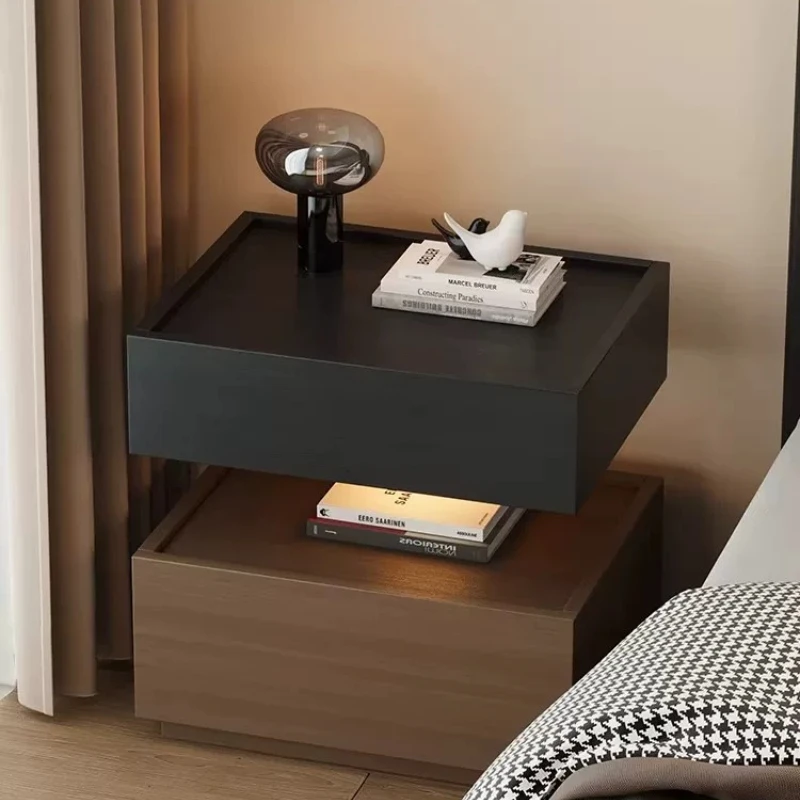 

Floating Solid Wood Nightstand Luxury Bedside Cabinet with Light Minimal Premium Bedroom Storage Modern Household Storage Drawer