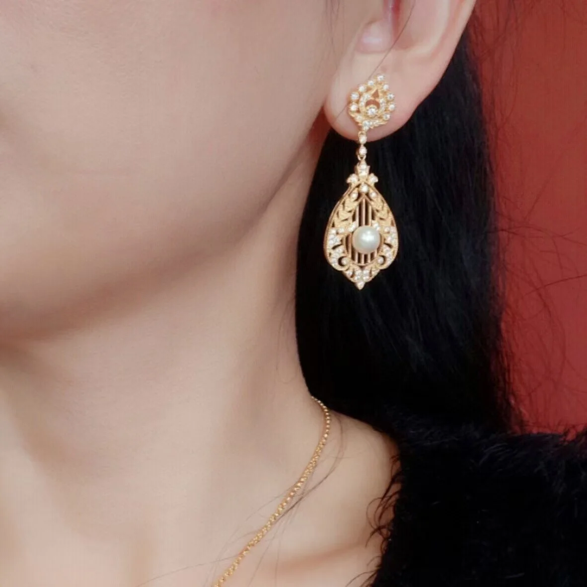 

Certificate Vintage 925 Silver Ear Drop Dangle Natural Akoya Seawater Pearl Exaggerated Lace Hollow Earring Women Daily Jewelry