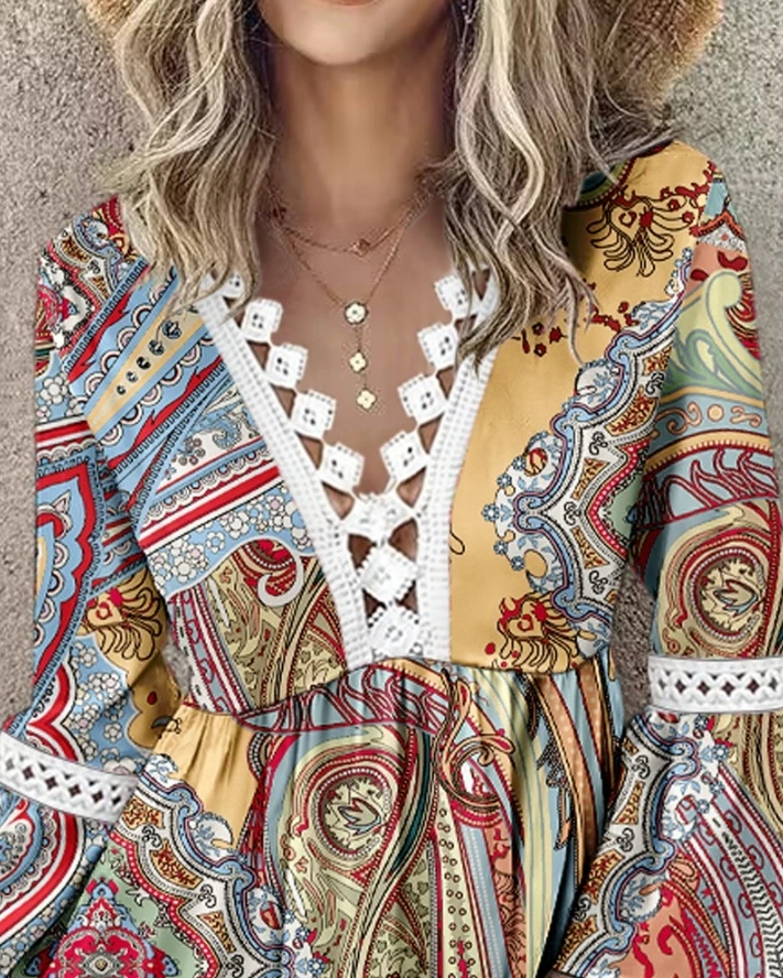 Women's Dress Elegant Summer Vacation Tribal Print Hollow Out Crochet Lace V-Neck Long Sleeve Casual Layered Ruffles Mini Dress