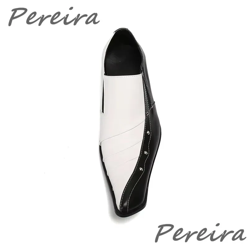 Men Square Toe Rivet Business Casual Shoes Black White Mixed Colors Genuine Leather Loafers Fashion Party Banquet Wedding Shoes
