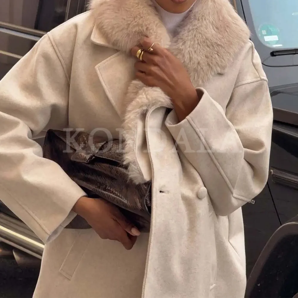 KONDALA 2026 Winter Spring Women Patchwork Faux Fur Collar Long Coats Fashion Elegant Turndown Collar Warm Single Button Coats