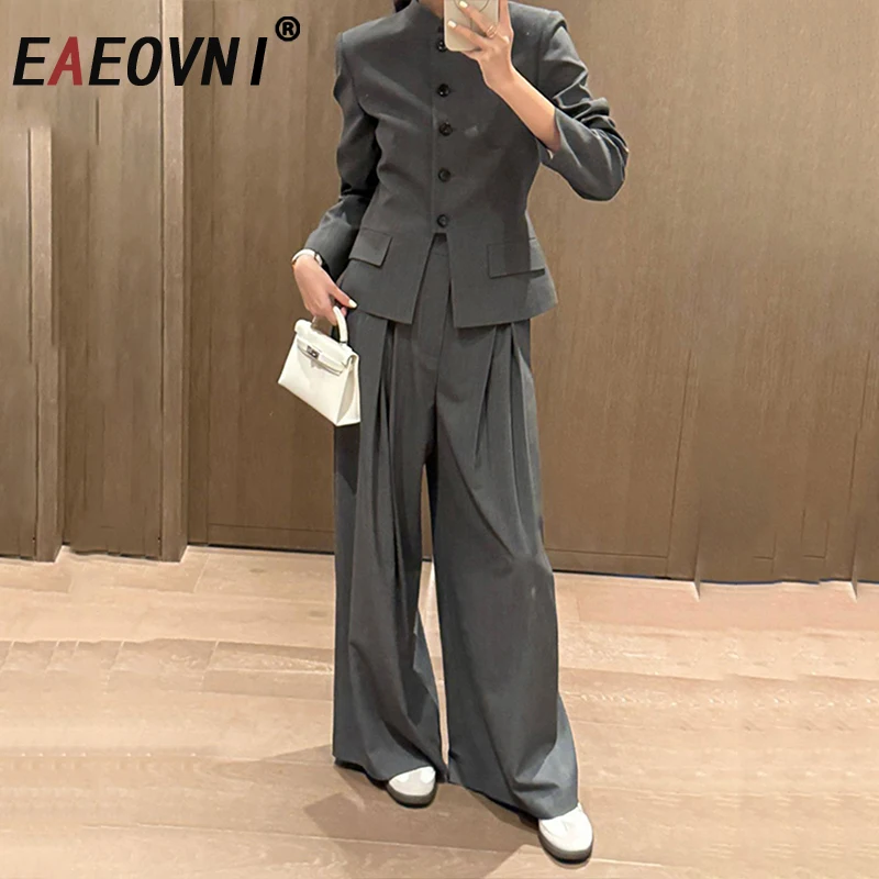 

EAEOVNI 2025 Autumn New Set For Women Solid Color Stand Collar Button Blazer Coat + Wide Leg Pants Offline Lady Elegant Clothing