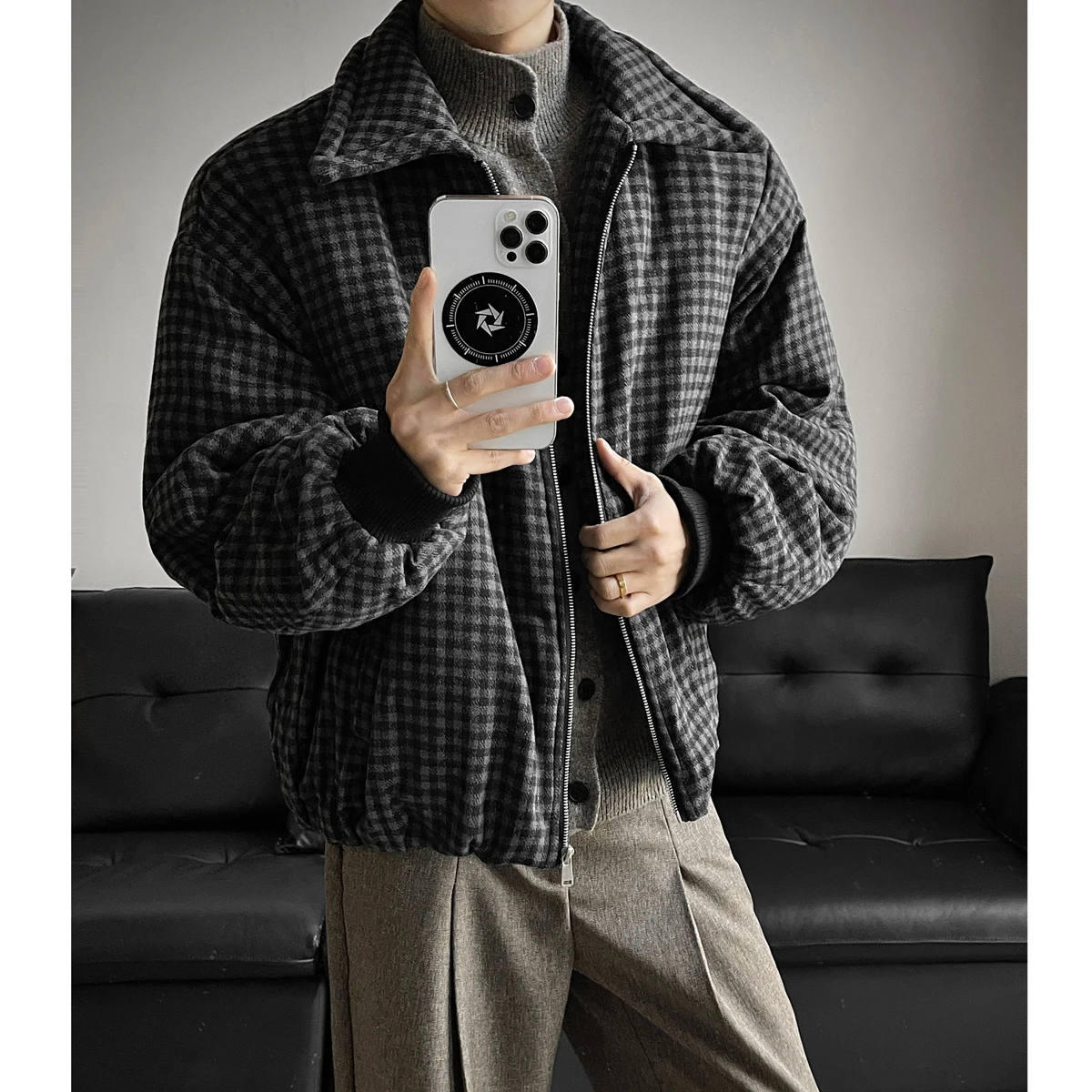 Men's Vintage Plaid Wool-Blend Thickened Cotton Jacket - Black (M-2XL) | Old Money Style American Short Coat