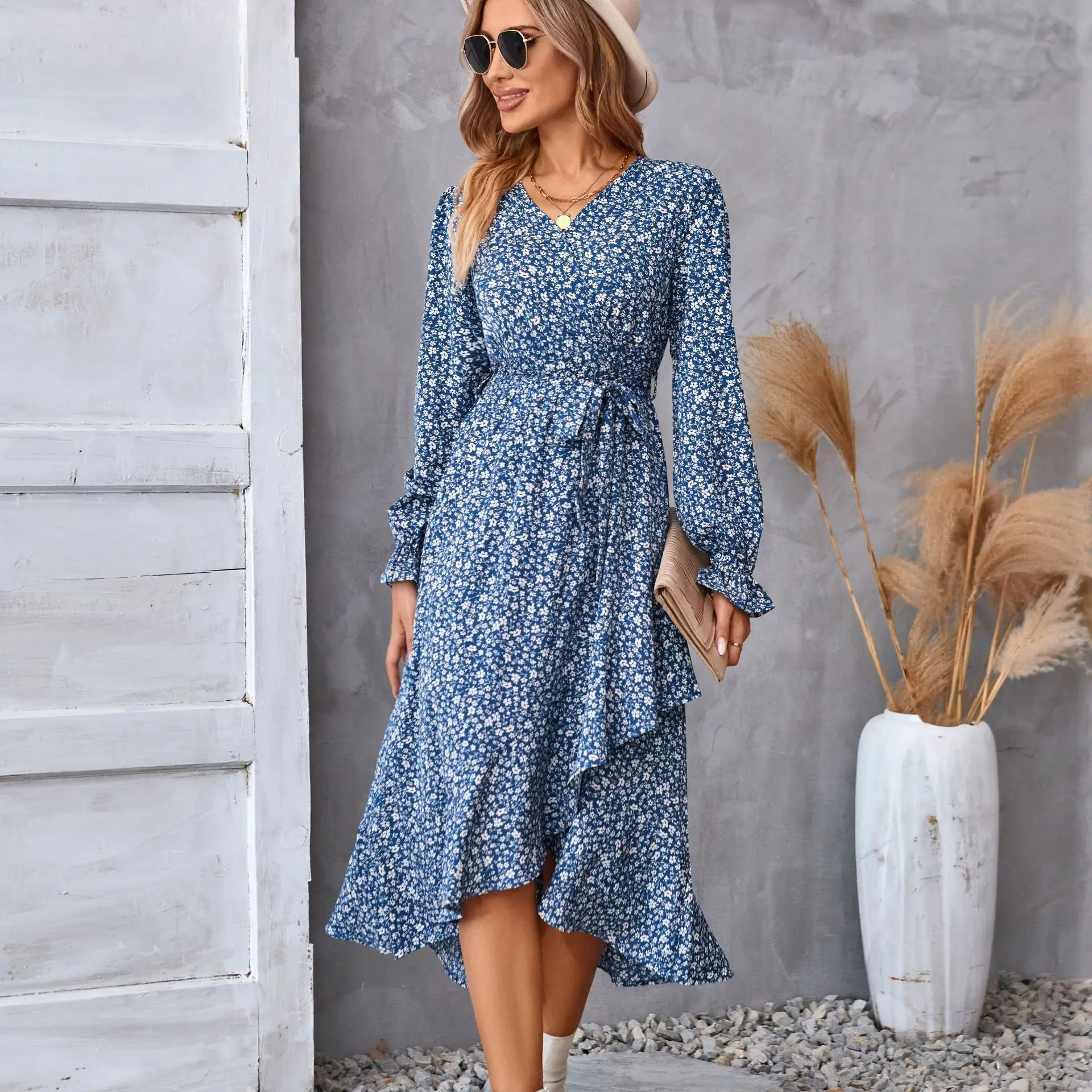 Vestidos de vacaciones bohemios para mujer, vestido holgado informal con cuello en V, Mangas de pétalos, estampado de volantes, elegante, Primavera, Otoño, 2024