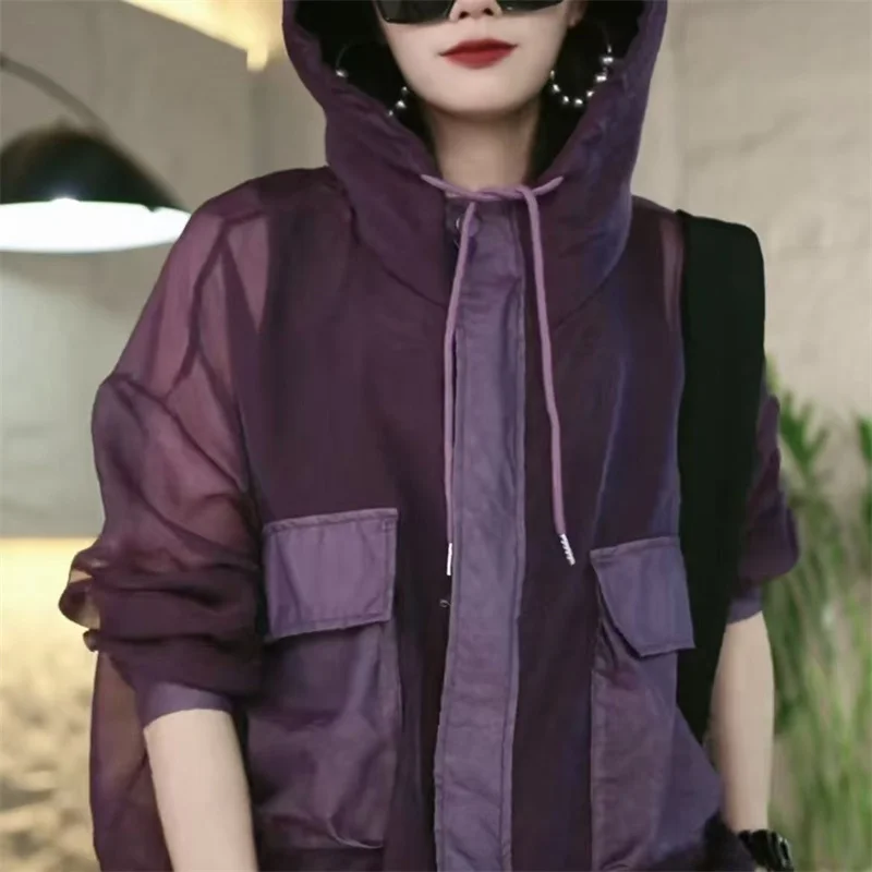 Purple Black Gray Breathable Sunscreen Clothing New Loose Pocket Hooded Drawstring Jacket Top Women Summer Sun Protection Coat