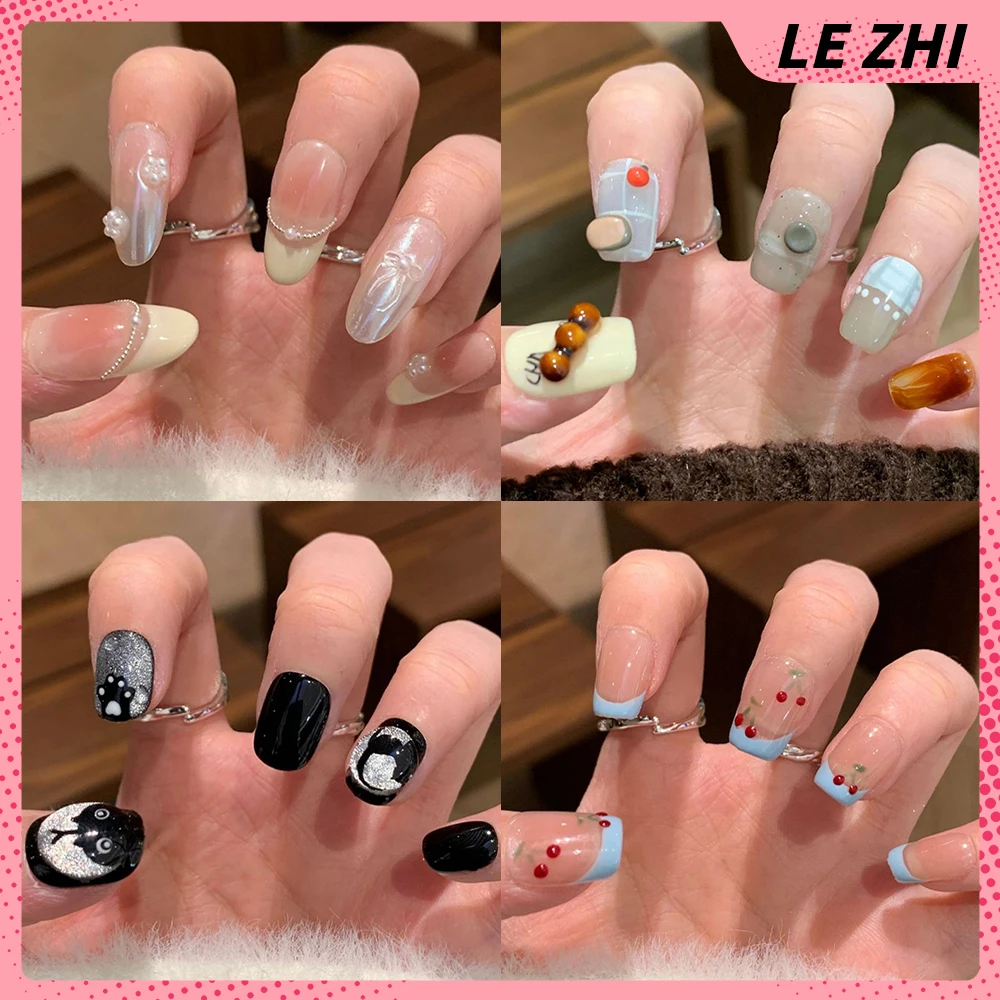 

10Pcs Sweet Lovely Short Artificial Full Cover Fake Nail Kawaii Pearl Bowknot Diamond Design Detachable Full Cover Manicure