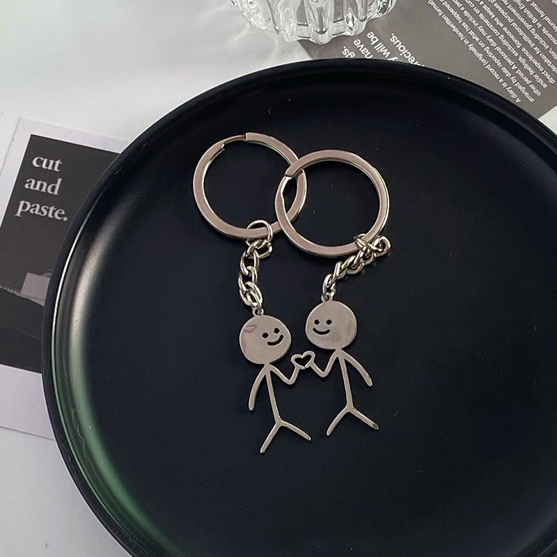 2pcs/set Stickman Matching Heart Keychain Cute Funny Alloy Key Chain Ring Purse Bag Backpack Charm Valentines Gift For Him Her