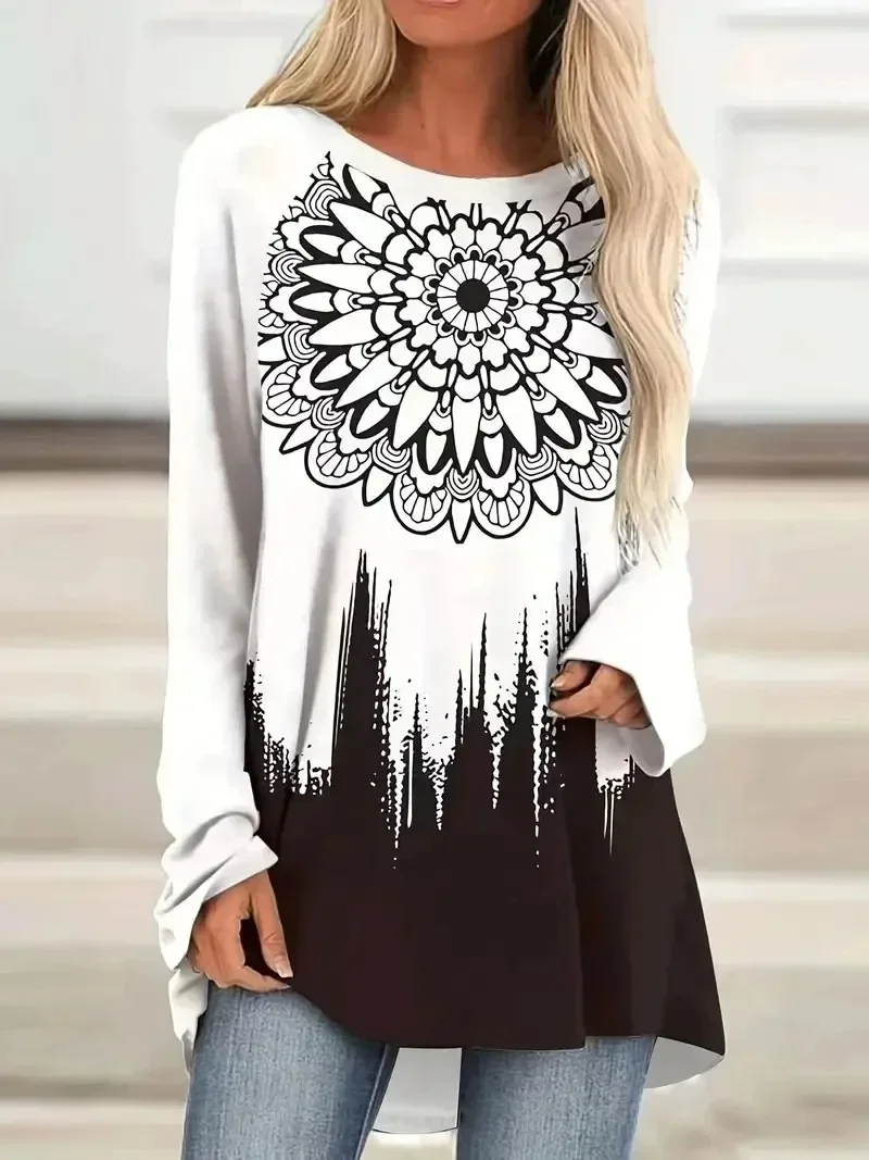 

Плюс размер 1XL-5XL, женские модные футболки с длинными рукавами и цветными блоками с принтом мандалы, женский повседневный пуловер с круглым вырезом, топ