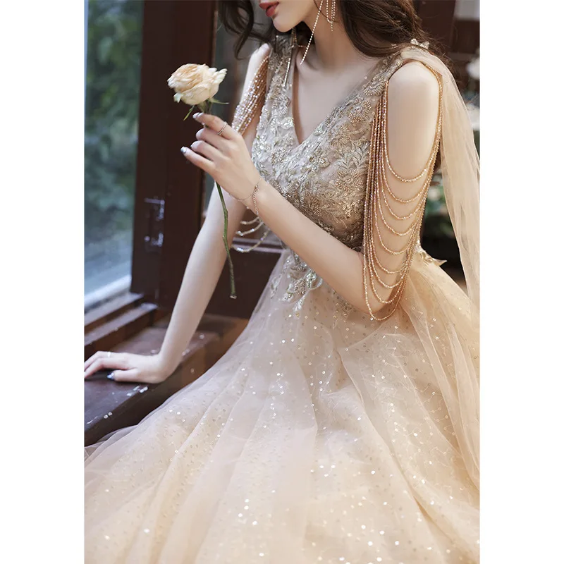 

Champagne Colored Ceremonial Dress V-neck Chain Embroidered Tulle High-end Luxury Evening Dresses 2024 Gorgeous Lace Up Gown