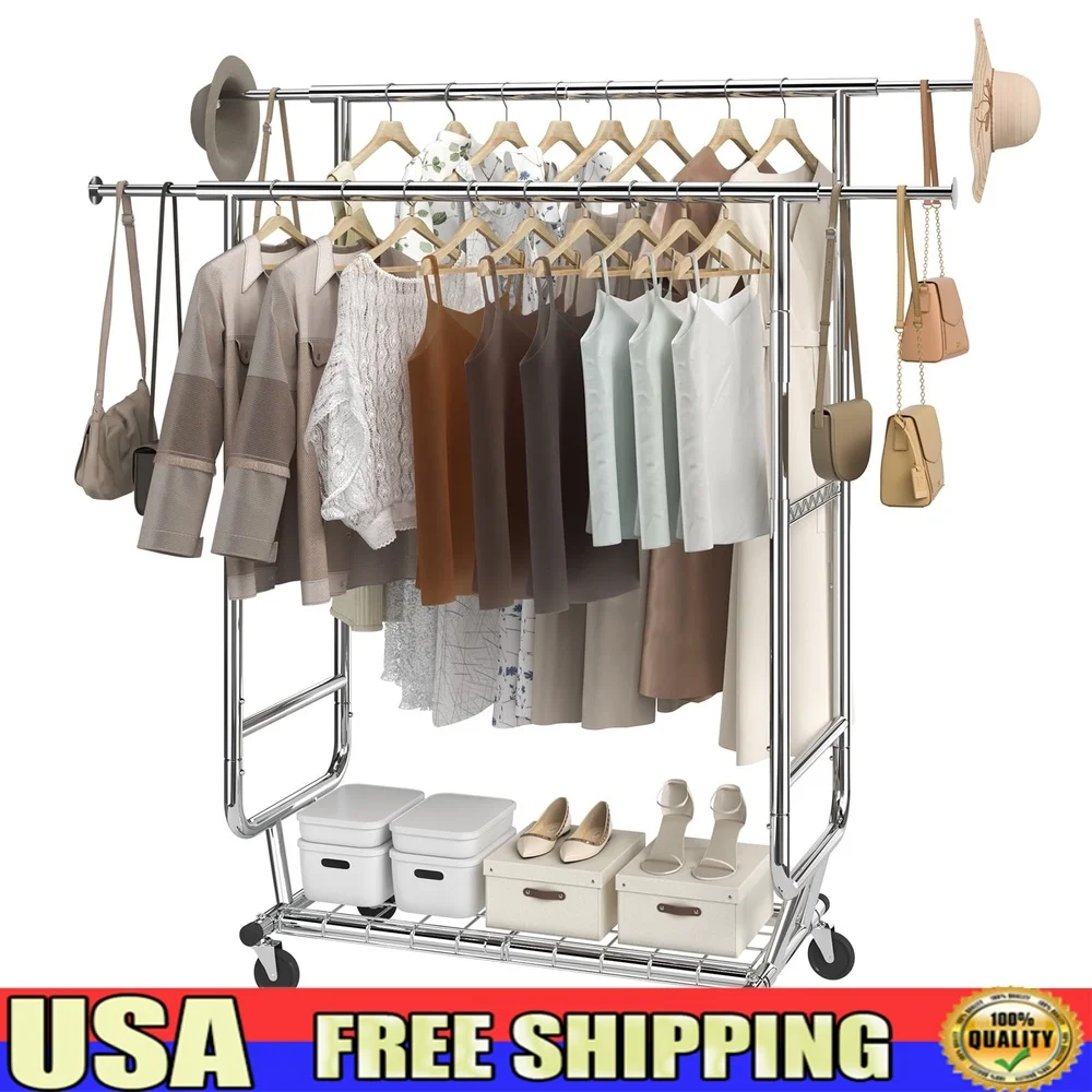 

Heavy Duty Clothing Garment Rack 600 lbs Adjustable Collapsible with Shelves Double Hanging Rods Mobile Storage Solution