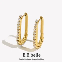 E.B.belle 18K Gold Plated Long U Shaped Cubic Zirconia Side Paved Hoop Earrings For Woman Crystal Stainless Steel Earrings