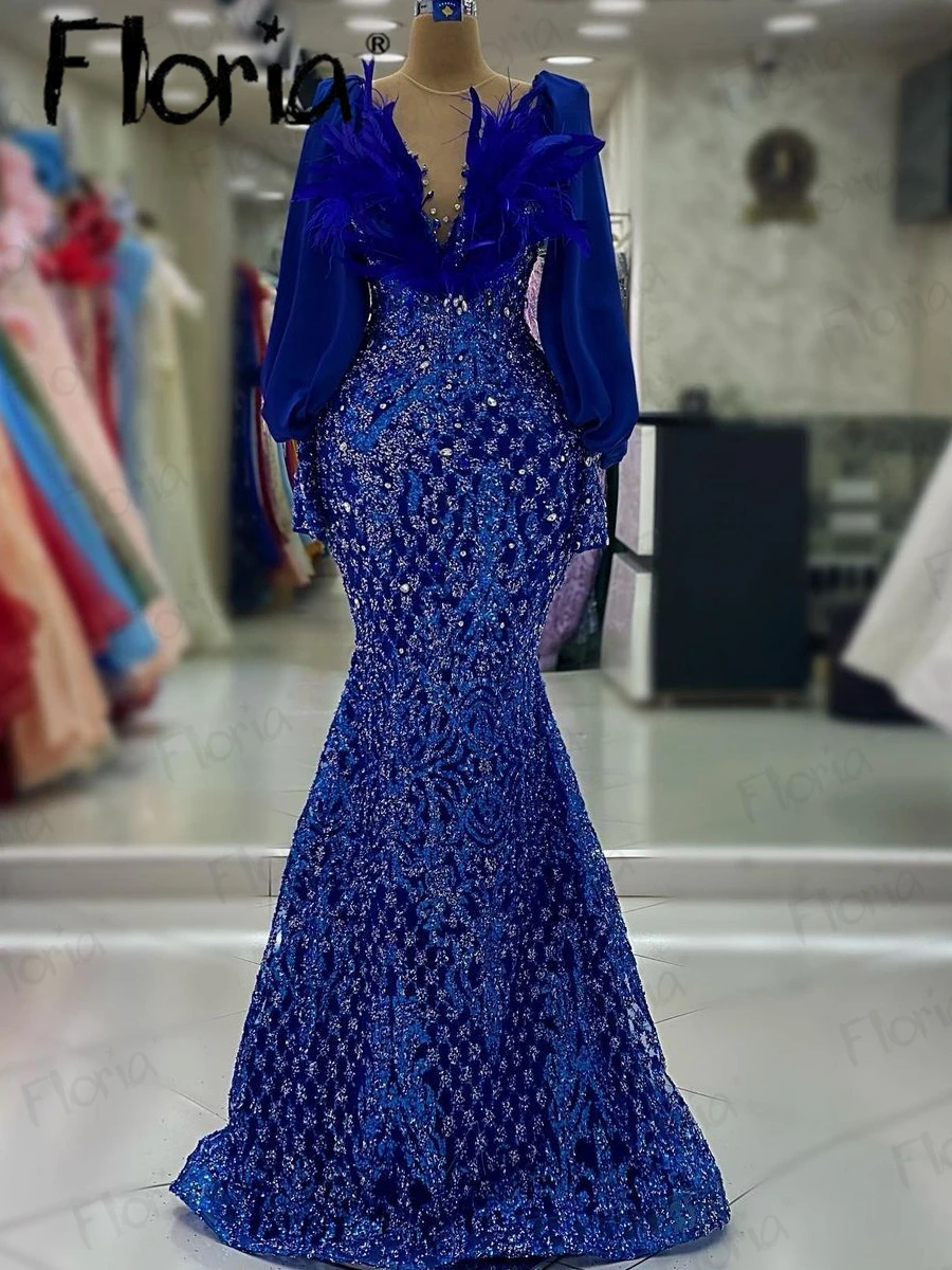 Vestido de noche musulmán de Arabia Saudita Para Mujer, Vestidos de fiesta de boda con cuello de plumas, cuentas completas, Azul Real, talla grande