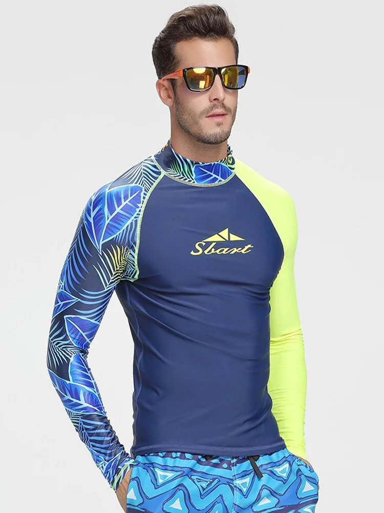 Men's Long Sleeve Rash Guard UPF 50+ Sun Protection Quick Dry Surf Shirt Tropical Print Swim Top for Diving Swimming Fishing