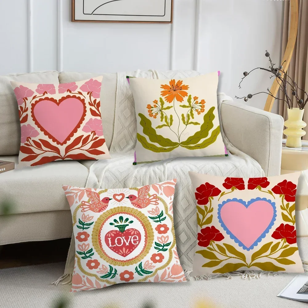 Set of 4 Decorative Throw Pillow Covers Boho Floral Love Heart Print for Sofa Couch Home Decor18x18 inch