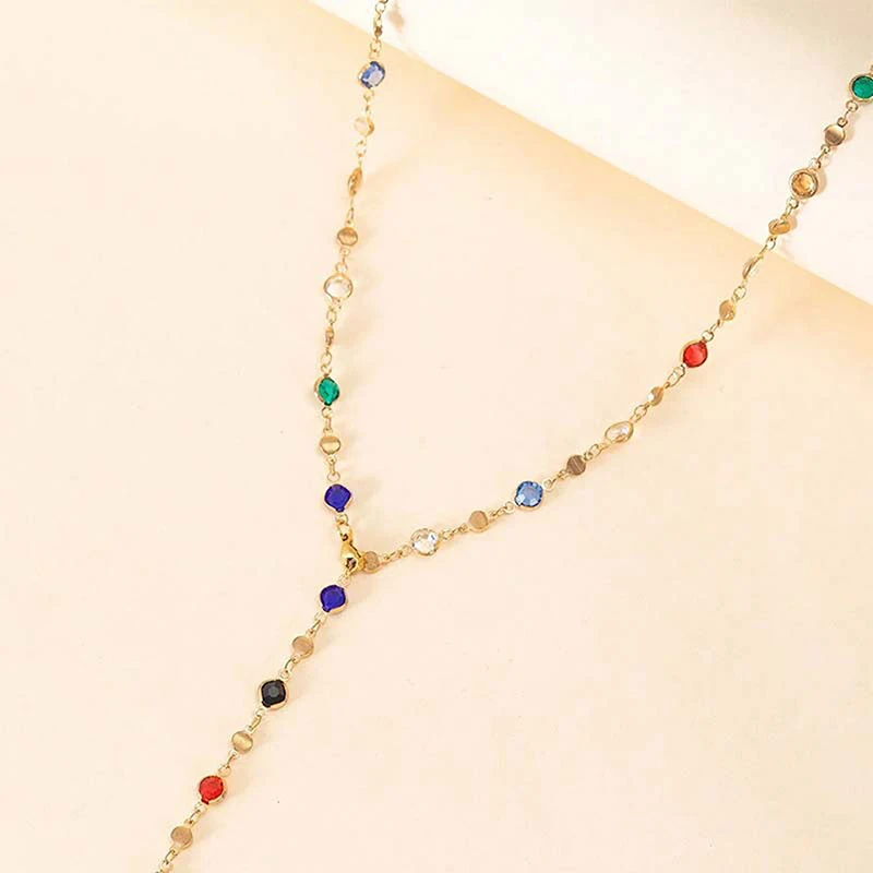 1Pc Fashion Colorful Glass Long Y-shaped Necklace Metal Collarbone Chain Gold Silver Color Tassel Necklace Party Body Jewelry image 4