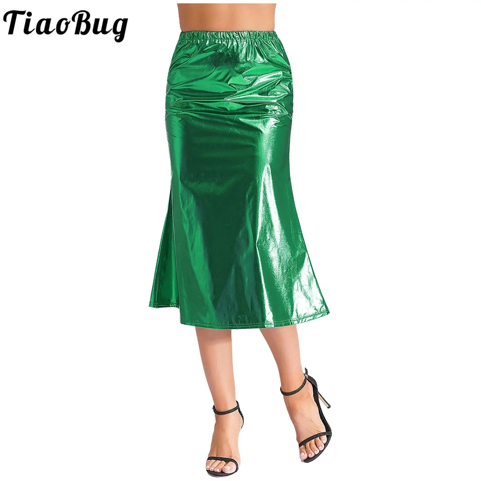 Women Metallic Shiny Mermaid Skirts Retro Style Party Club Dresses Elastic Waistband Fish Tail Skirt Dancing Stage Costume