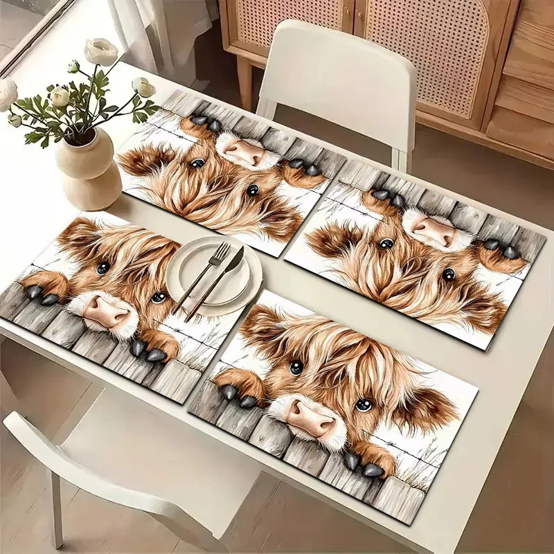 Cute Highland Cow Head Fence Kitchen Table Mats, Coffee Cup Coasters, Bowl Mats Heat-Resistant Placemats, Home Scene Decoration