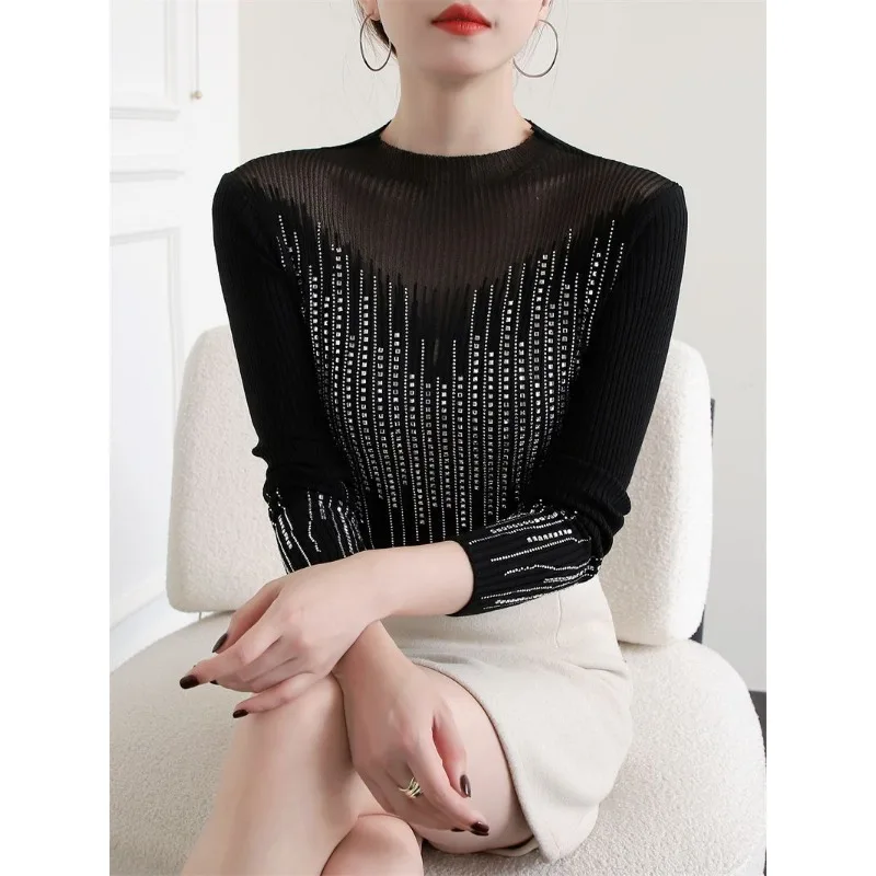 Maglione Hot Diamond Maglione a maniche lunghe cavo da donna Versatile camicia dimagrante con giunture in pizzo