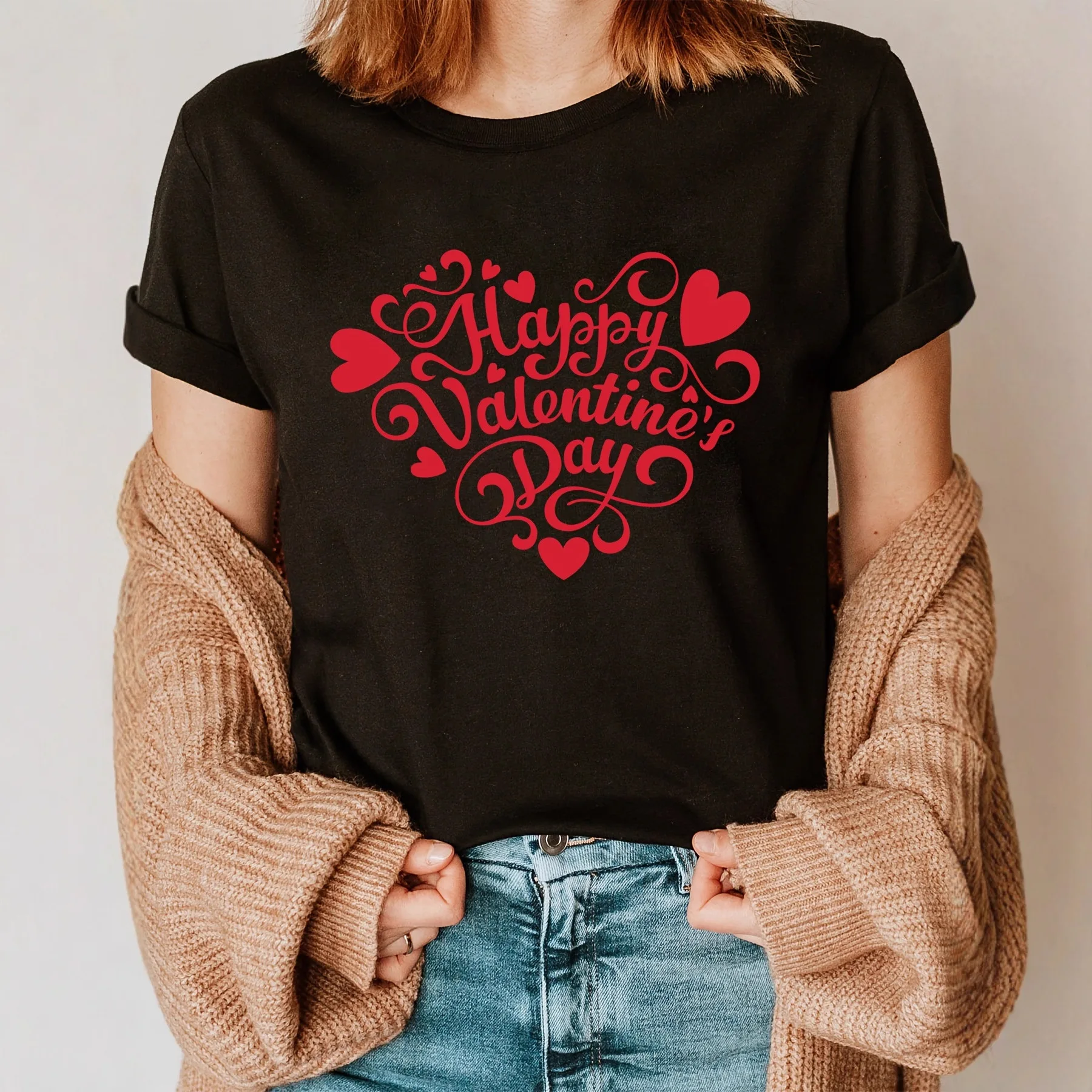 

Cotton 100% Hot-selling Round-neck Short-sleeved Valentine's Day Red Heart-shaped Printed T-shirt, Women's Top and Couple Shirts