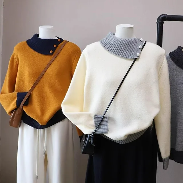 فضفاض الكورية Sle اللون بلو طوق المرأة تريكو سترة ملابس داخلية غير رسمية طويلة Sve النسيج الناعم الخريف الشتاء #1