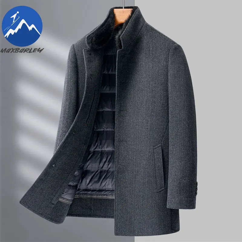 

Maxbarley Winter Woolen Coat Men Fashion Detachable Down Jacket Fur Collar Warm Overcoat Korean Designer Double-sided Wool Coat