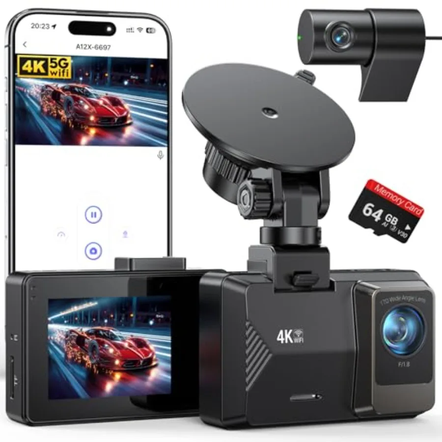 4K Dash Cam Front Rear Dual Channel Dash Cams with 64GB Card 4K+1080P Dash Camera for Cars with 5G WiFi APP Control 2.0" IPS Sc