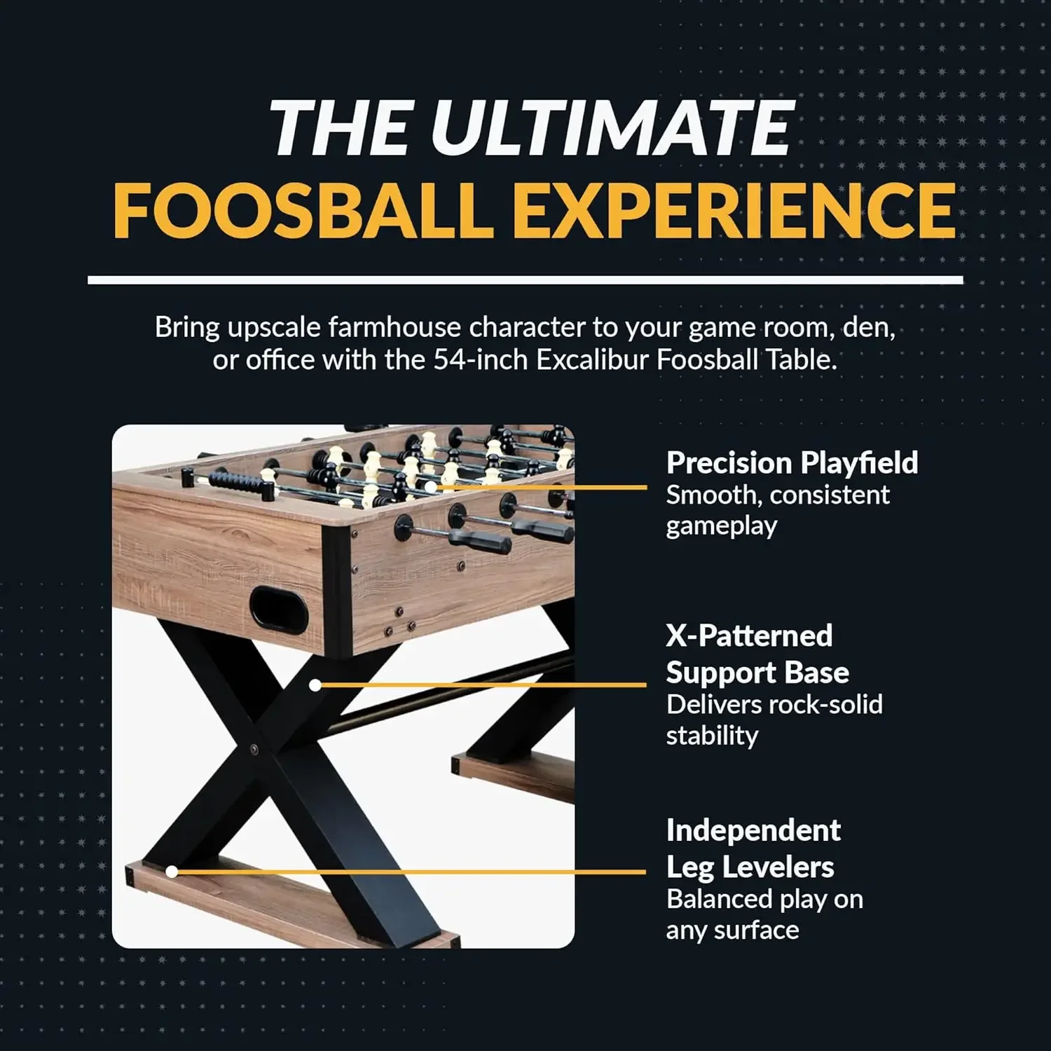Mesa de futbolín Excalibur de 54 pulgadas para sala de juegos, con melamina de madera flotante, base con patrón X,