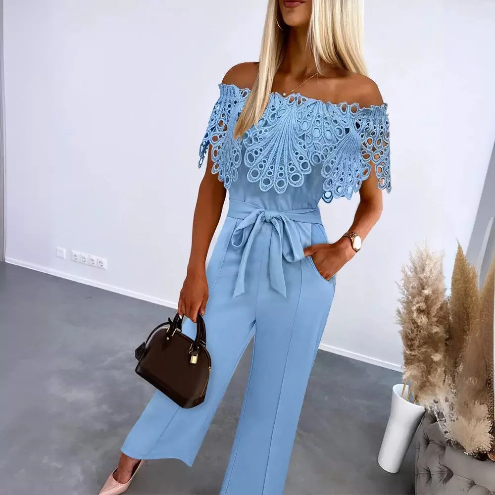 Eyelet Embroidery Off Shoulder Jumpsuit Women Solid Color Slash Neck High Waist Long Full Length Jumpsuits Pants Playsuit