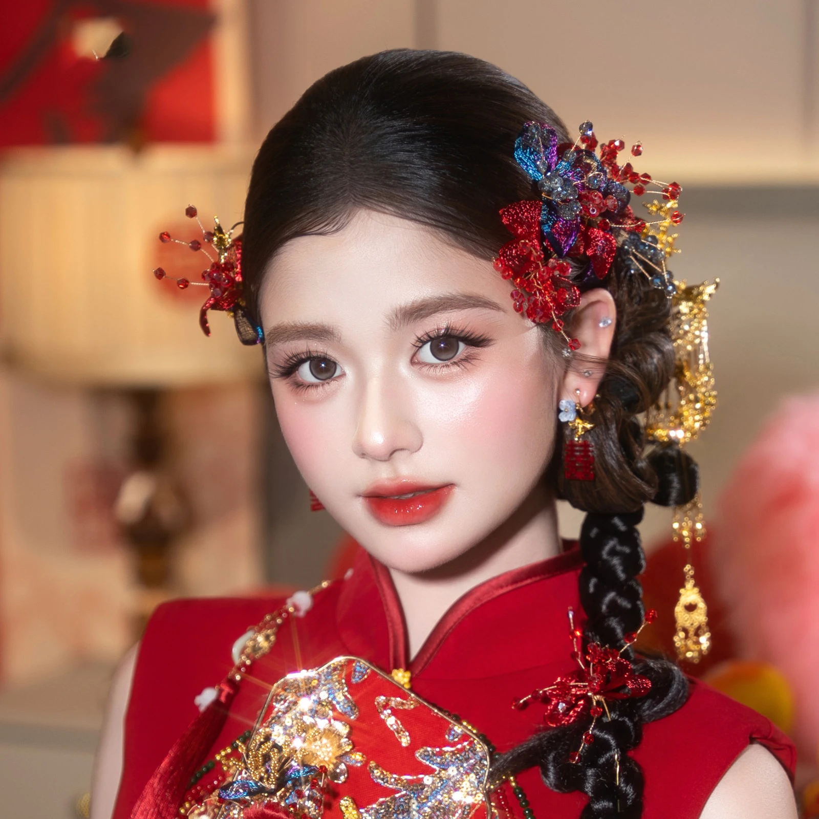 Handmade Red Floral Hairpins Set for Brides Traditional Chinese Hanfu Accessory Xiuhe Ancient Costume Headwear