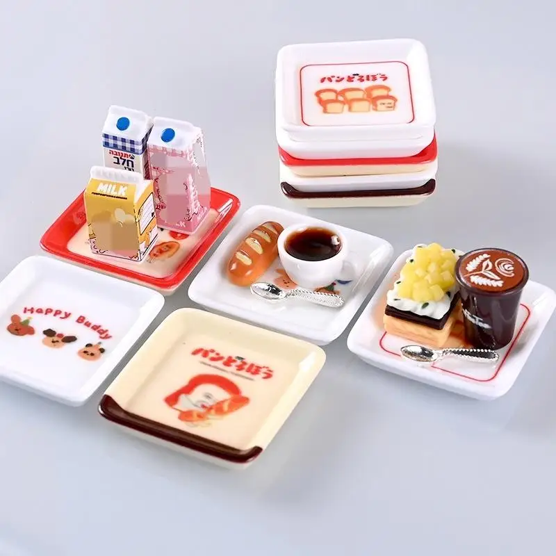 10 ชิ้น 1/12 ตุ๊กตาการ์ตูนมินิถาดจานชุดตุ๊กตาจําลองตกแต่งห้องครัวของเล่นเด็กแกล้งทําเป็นเล่นของเล่น
