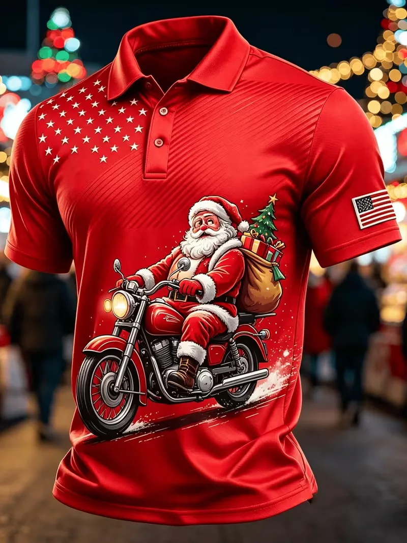 Men Christmas Skull Polo Shirt Santa Hat Candy Cane Holly Snowflake Short Sleeve Collared Tee Holiday Party Casual Tops For Male