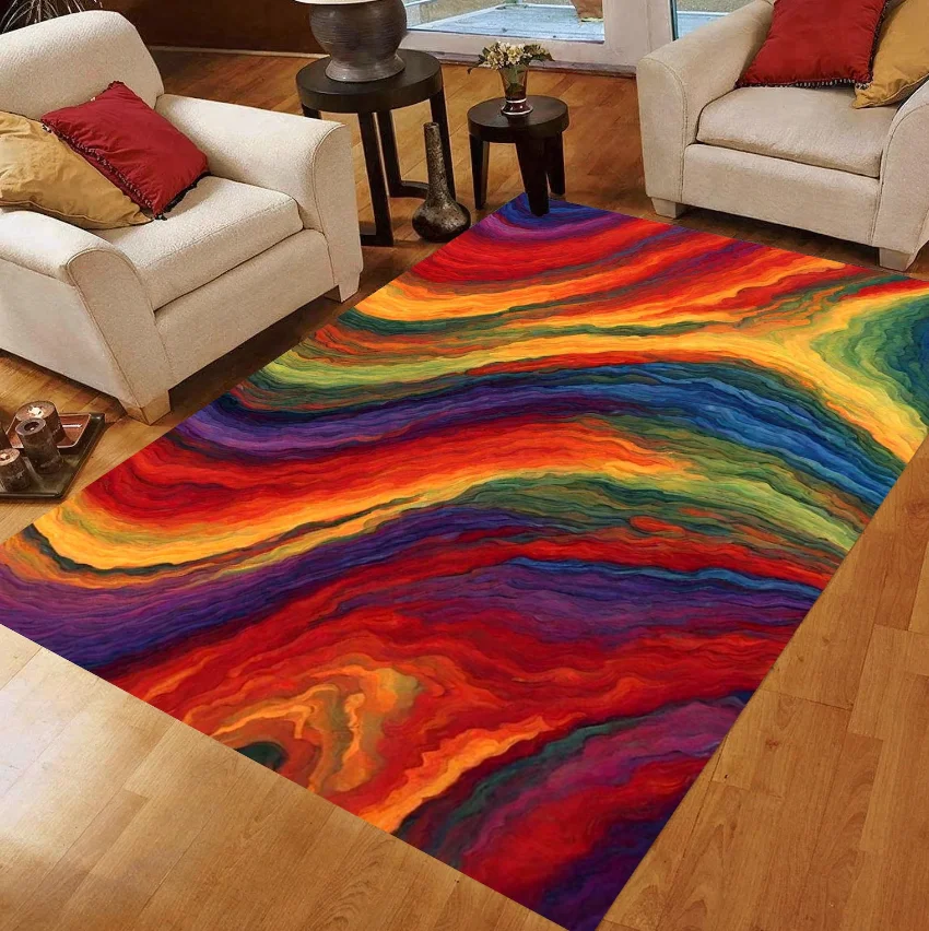 Rainbow Swirl Area Rug Abstract Fluid Art, Non-Slip Machine-Washable Carpets Home Decoration