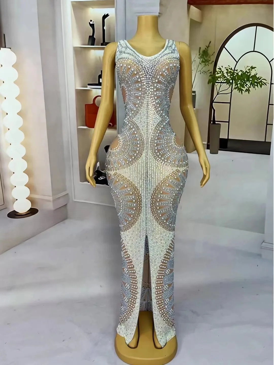 Women Sexy Luxury Pearl Rhinestones Sleeveless Long Dress Elegant Prom Evening Celebrate Birthday Model Singer Stage Costume