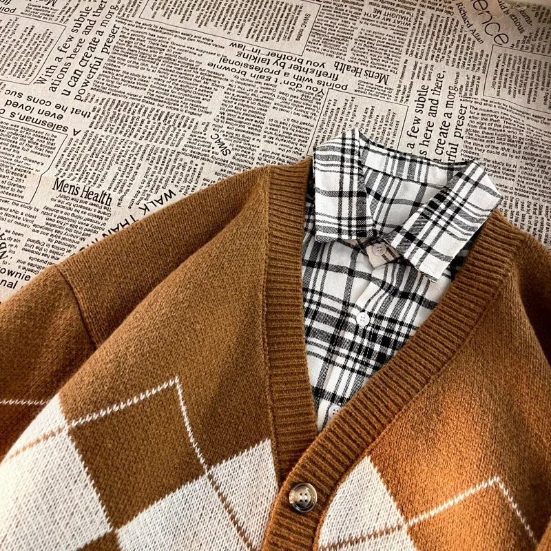 Men's Autumn/Winter New Arrival V-Neck Sweater Youth Trendy Knit Wool Blazer Cardigan Plaid Sweater