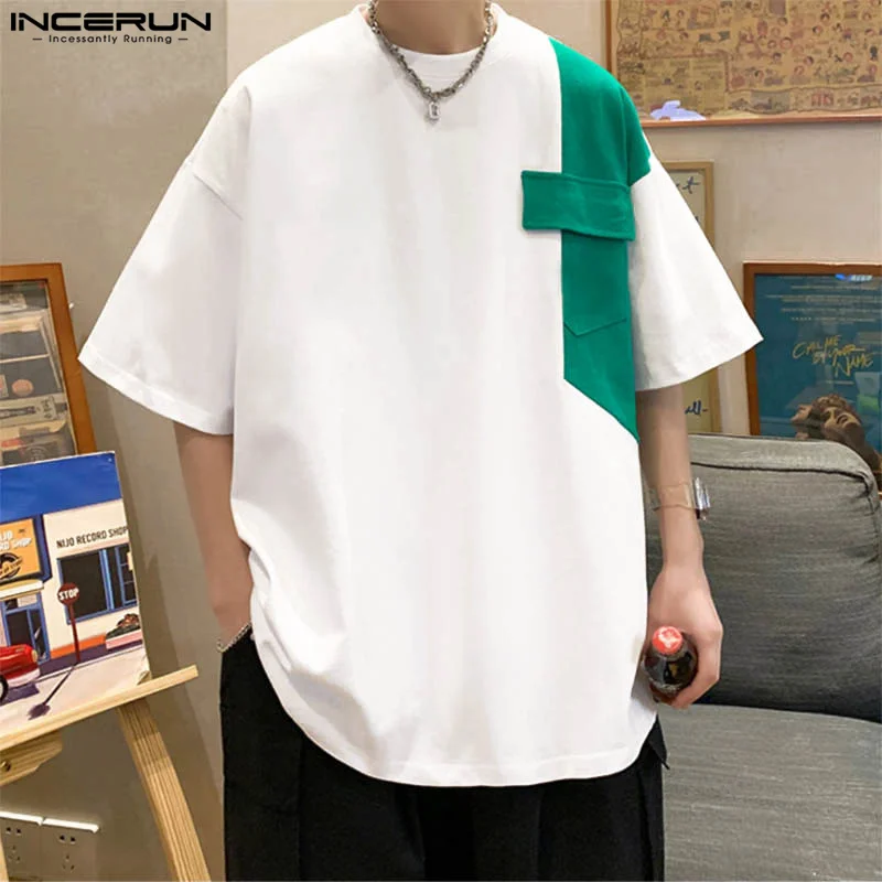 INCERUN Men T Shirt Patchwork O-neck Short Sleeve Loose Korean Style Men Clothing Streetwear 2024 Summer Fashion Casual Tee Tops